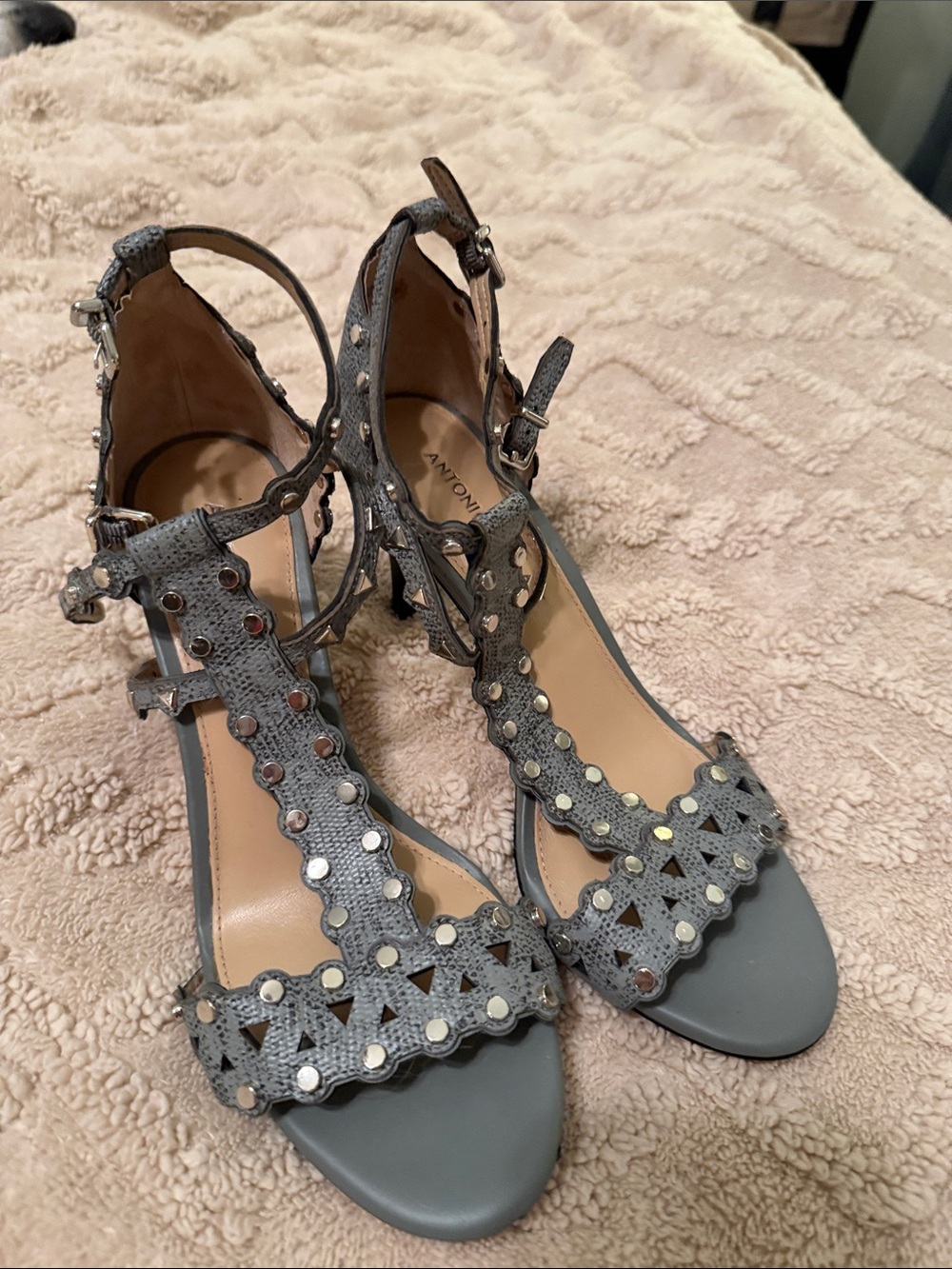 ANTONIO MELANI Gray Studded T-Strap Heels